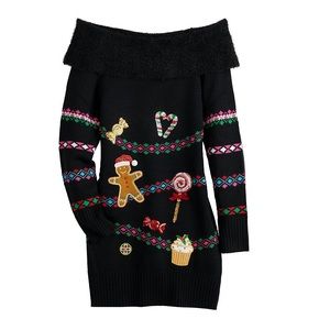 Christmas sweater dress, off shoulder, juniors XXL happy holiday candy cane